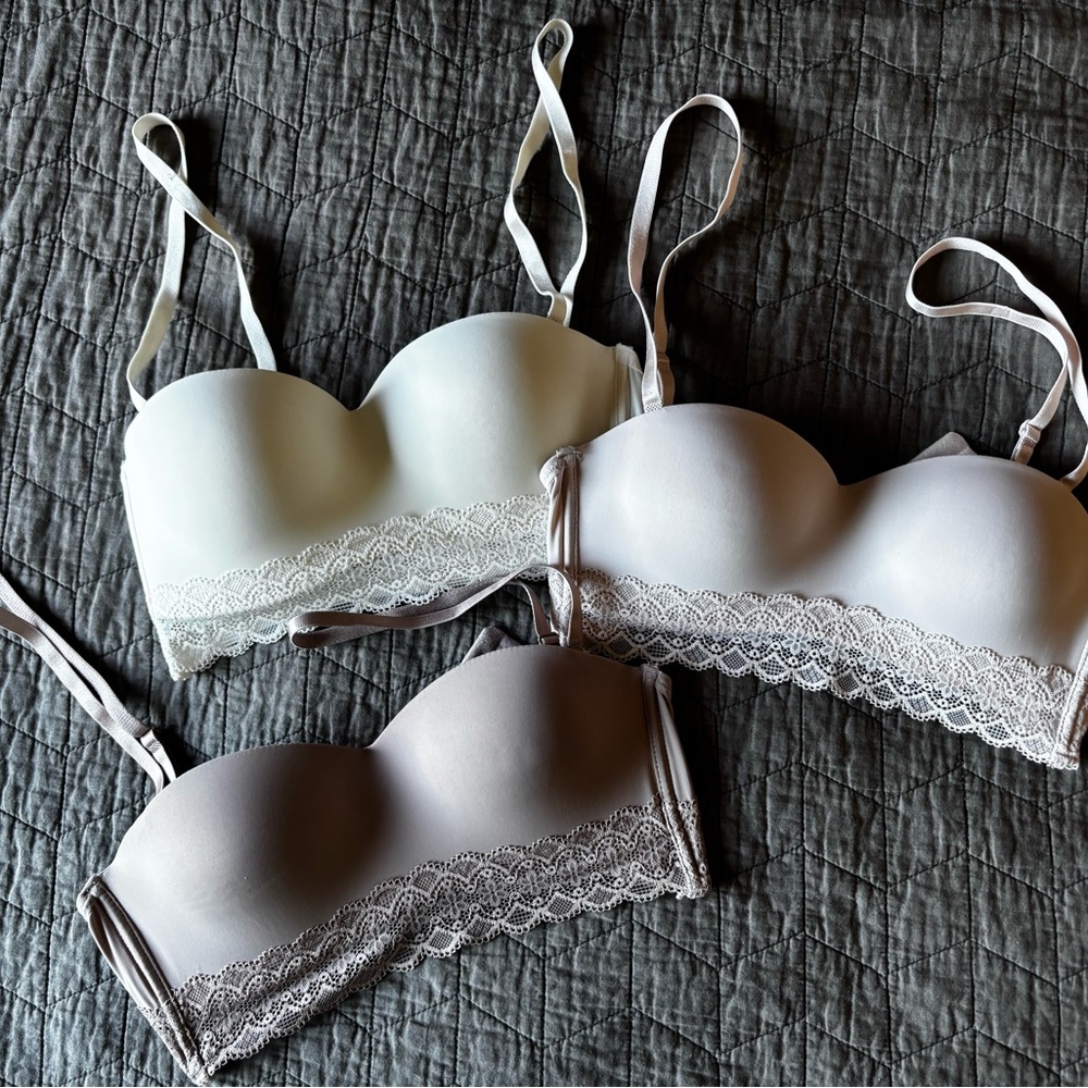 NWOT -Elegant Lace Trimmed Bralette Set of 3 - Ivory, Cream, Latte